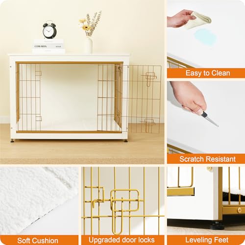 38.5" XL Dog Crate Furniture with Cushion (White+Gold / 38.5"L x 25.6"W x 26.8"H)