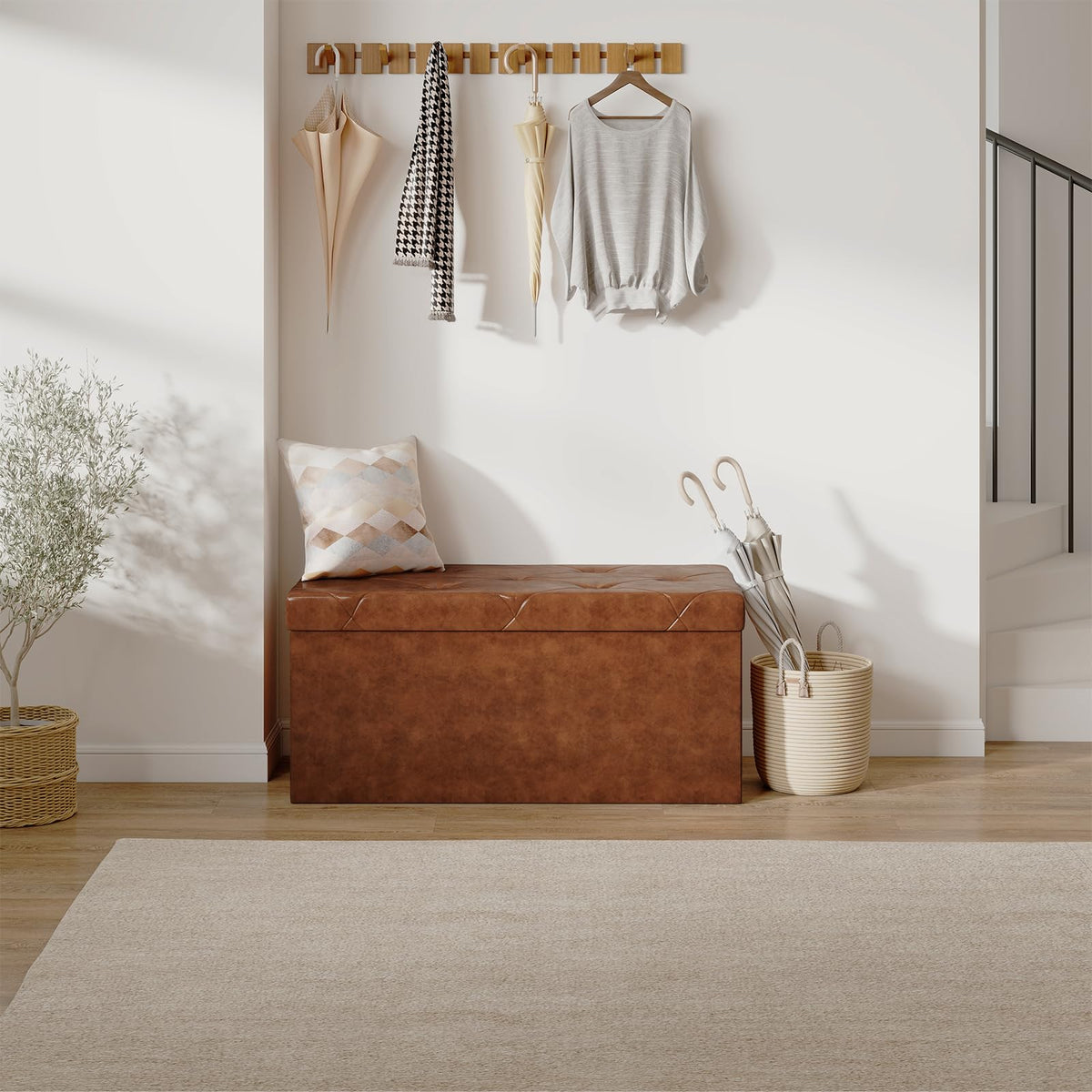 30 Inch Folding Storage Ottoman Bench (Brown / 15.2"D x 30"W x 15.2"H)