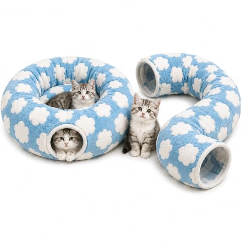 Cat Tunnel Bed with Washable Cushion for Indoor Cat (Blue)