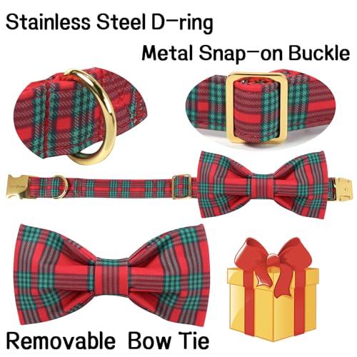 Christmas Dog Collar with Bow Red Green Plaid Cotton Puppy Collars for Small Medium Large Dogs (Extra Small / Red Green Plaid)
