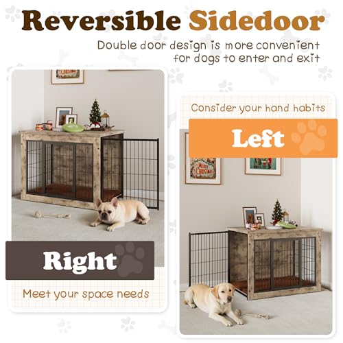 Wooden Dog Crate Furniture with Thick Cushion (M(23.6" x 22.1" x 25.3") / Greige)