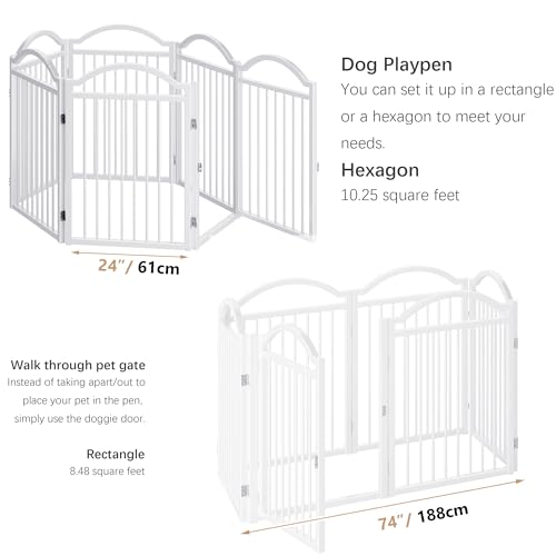 Metal No Assembly Freestanding Dog Gate with Door Walk Through (White C / 6 panels 144"W*32"H HYG)