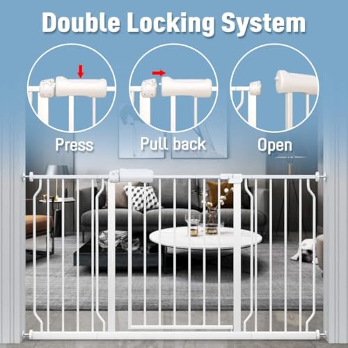 Extra Wide Pressure Mounted Baby Gate Walk Through Child Kids Safety Toddler Tension White Long Large Pet Dog Gates with Extension for doorways Kitchen (White / 24.02-27.56"/61-70cm)