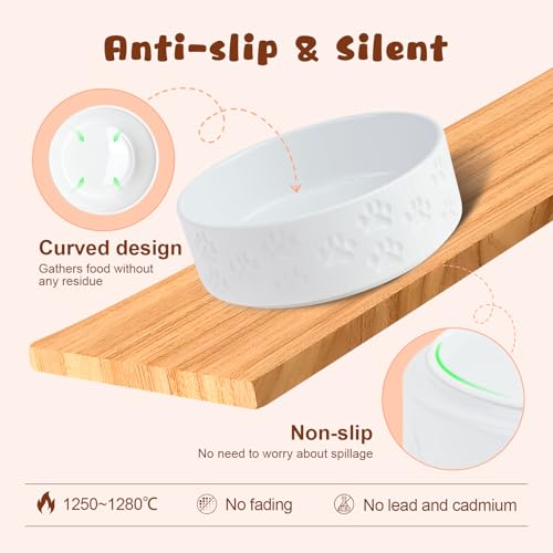 Ceramic Elevated Dog Bowl Set with Acacia Wood Stand for Food and Water for Large Dogs (60.87 Oz / White with Dog Paw Pattern)