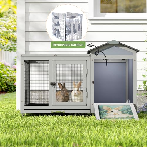 39IN Heated Rabbit Hutch with Wheels (Grey)