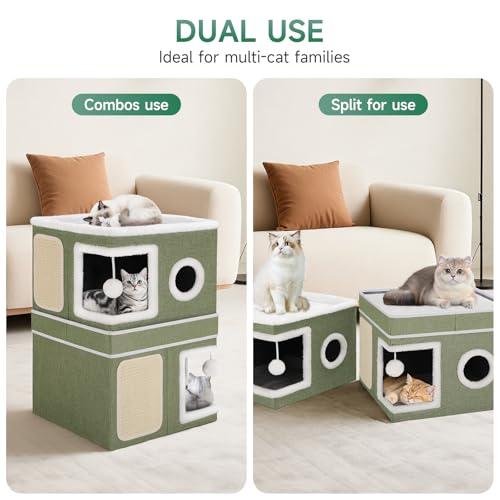 2 Story Cat House beds for Indoor Cats with Scratch Pads Green (Green / Double)
