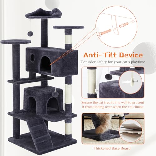 54 Inch Cat Tree Tower with Sisal Scratching Posts (Gray / 54"×19.7"×19.7")