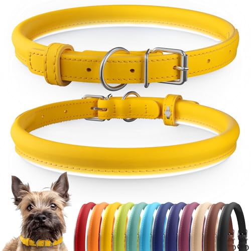 Tangle Free Reflective Leather Dog Collar (Yellow / S)