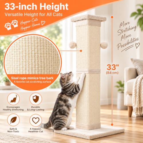Cat Scratching Post 33 Inch Nature Sisal Cat Scratch Post for Indoor Cats (white)