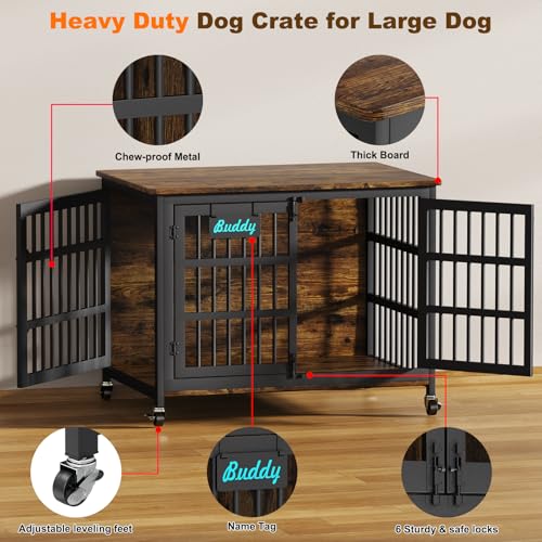 42"/41"/33" Dog Crate Furniture with Name Tag, XL Heavy Duty Dog Kennel Indoor for Large and Medium Dogs, Double-Doors Sturdy Dog Cage for Anxiety Dog, Decorate House as TV Stand (42.1"L x 29.3"W x 31.2"H / Brown)