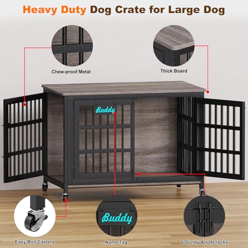 46"/42"/33" XXL Heavy Duty Dog Crate Furniture with Casters (46.1"L x 28.7"W x 31.9"H / Grey)