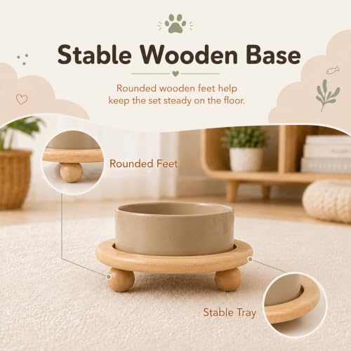 Raised Cat Bowl 5.1” Elevated Ceramic Cat Food and Water Bowl (Greige)