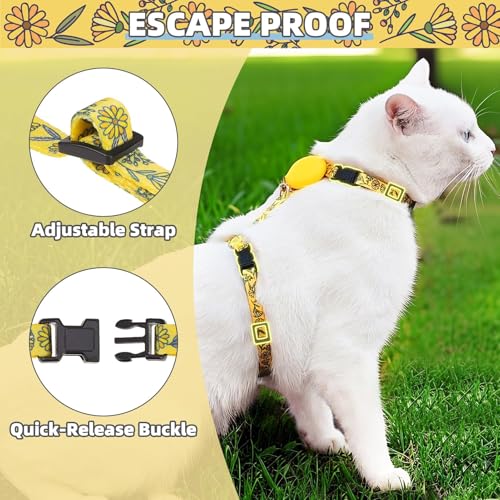 Adjustable Cat Harness and Leash Set Escape Proof Kitten Strap Collar for Walking Travel (Medium / Yellow(Floral))