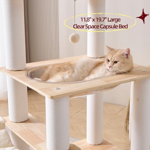 Modern Natural Wooden Wood Cat Tree Tower Condo (57 Inches - Solid Wood)