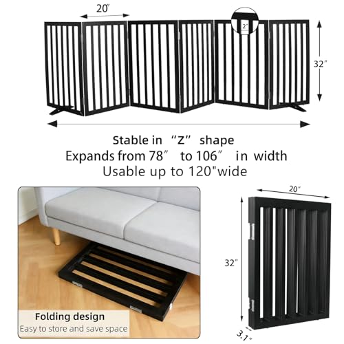 Freestanding Indoor Dog Gate for House Foldable Wood Puppy Gate for Doorways Pet Gate for Stairs Extra Wide Pet Fence (Black / 【6 Panels】120''w x 32''h)