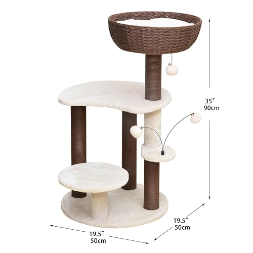 Handwoven Cat Tree with Basket Bed & Replaceable Scratching Posts (Cream and Brown)