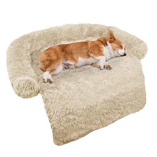 Calming Dog Bed Fluffy Plush Dog Mat for Furniture Protector with Removable Washable Cover for Large Medium Small Dogs and Cats (Beige / 41.0"L x 37.0"W x 6.0"Th)