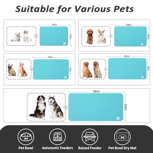 Dog Food Mat Absorbent Cat Mat for Food and Water (Paw Teal / 24"L x 16"W)