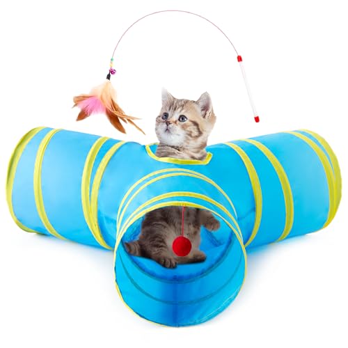 Cat Tunnel, 3-Way Collapsible Toy for Indoor Cats, Blue & Yellow (Blue & Yellow / Small)