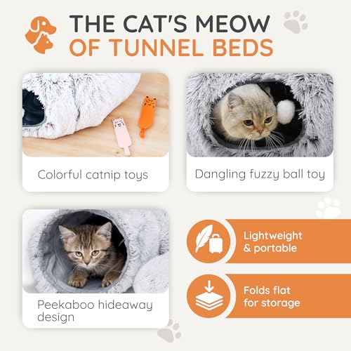3-in-1 Cat Tunnel Bed – Cat Tunnels & Cat Beds for Indoor Cats with Catnip Toys – Cat Bed Cave & Peekaboo Cat Hideaway – Foldable Interactive Cat, Kitty & Kitten Toys