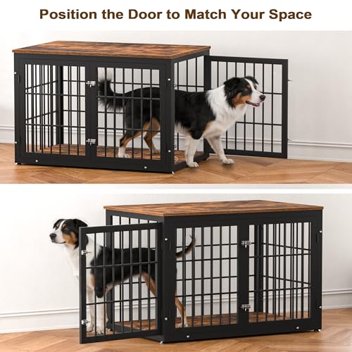 46" Heavy Duty Dog Crate Furniture for Large Dogs (Black + Rustic Brown / 46.0"L x 29.1"W x 31.1"H)