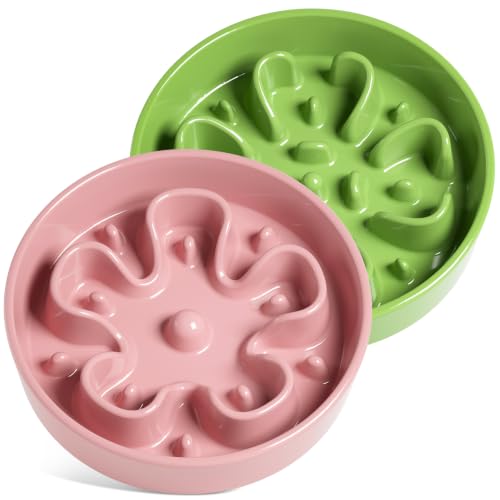 2 Pack Ceramic Slow Feeder Dog Bowls (Pink+Green(2 Pieces) / M-1.5 Cups)