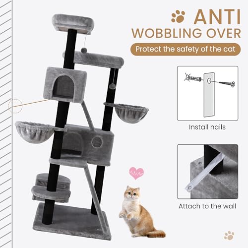 65in Larger Cat Tree Tower Condo for Indoor Kitties (Black & Grey)