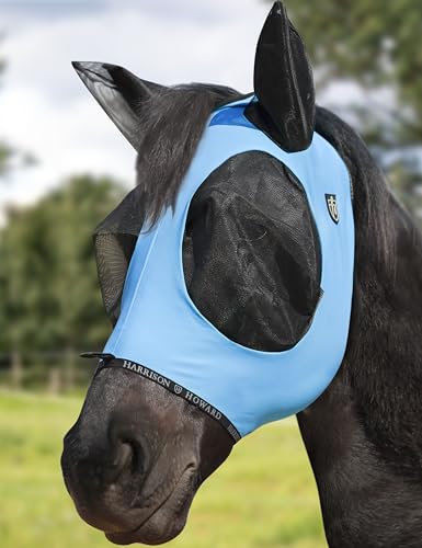 Horse Fly Mask with Forelock Opening Stretch Breathable and Comfortable for Horses UV (Ice Blue / L)