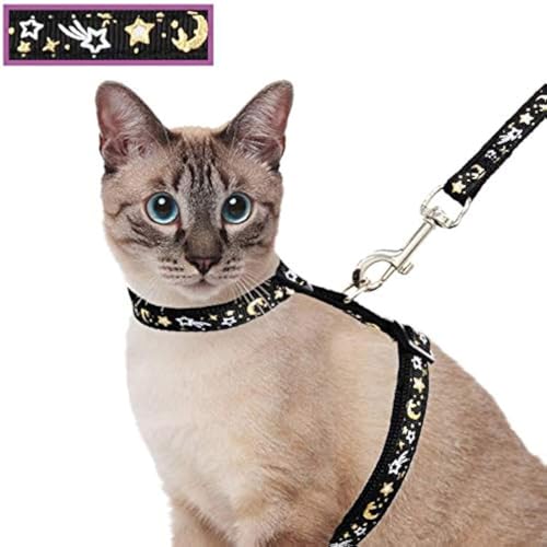 Cat Harness and Leash Set for Outdoor Walking Escape Proof Adjustable Soft Safety Strap with Golden Star and Moon Design Glow in The Dark Black (Black / S)