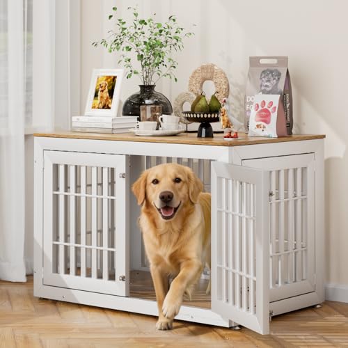 48" Heavy Duty Dog Crate Furniture for Large Dogs (47.2"L x 30.3"W x 31.9"H / White+Wood)