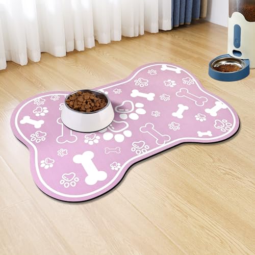 Dog Cat Mat for Food and Water (18"L x 12"W / Bone Shaped Pink)