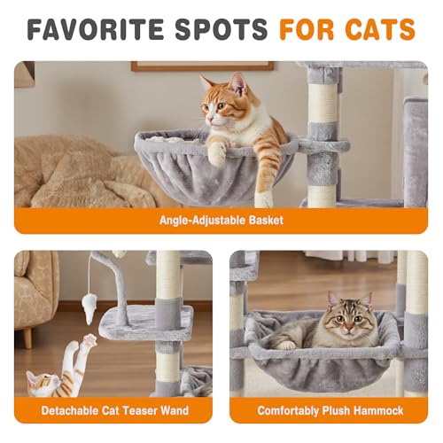 71 Inch Large Cat Tree Tower with Sisal Scratching Post (Light Grey / 71 Inches)