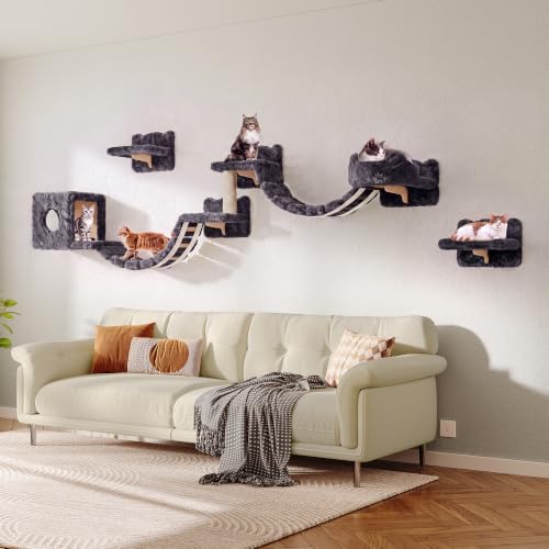 9-in-1 Cat Wall Shelves, Cat Wall Furniture Set with Bridge, Grey (Grey / 9-in-1)