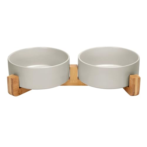Ceramic Dog and Cat Bowl Set with Wooden Stand (5 cups / Grey × 2)