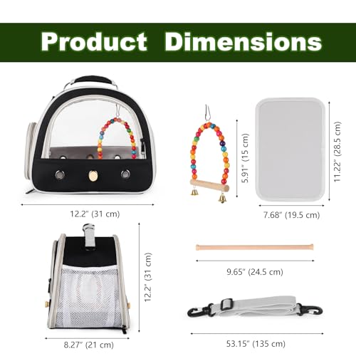 Portable Parrot Travel Cage Carrier with Small Swing Toy&Cage Colorful Toys Set Small Bird Parakeet Bag with Standing Perch Bird Carry Transport Bag (Black / 12.0"L x 7.0"W x 12.0"H)