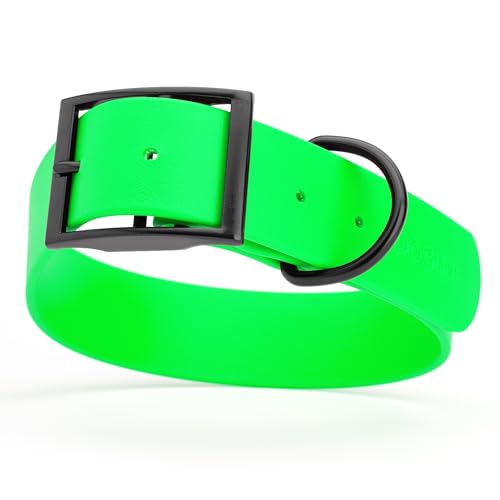 Biothane Waterproof Dog Collar Strong Coated Nylon Webbing with Black Hardware Odor (W1.5" x L16"-20" / Tropical Green)