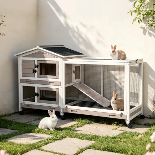 Rabbit Cage Indoor Bunny Hutch with Chew (Brown & White)
