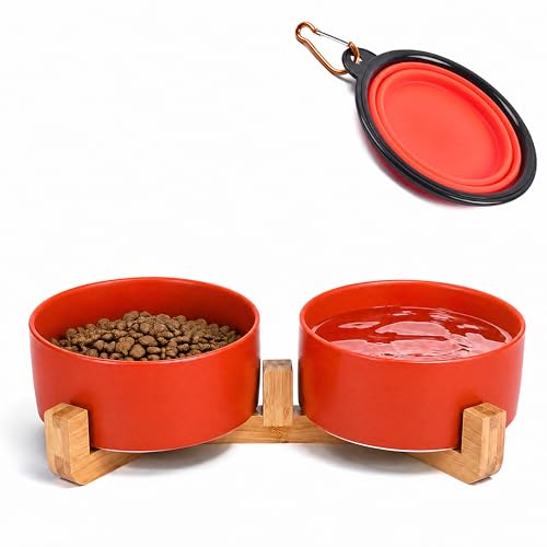 Dog Bowls Ceramic Cat Dog Bowl Set with Wood Stand for Food and Water (Rust Red / 400ML*2)