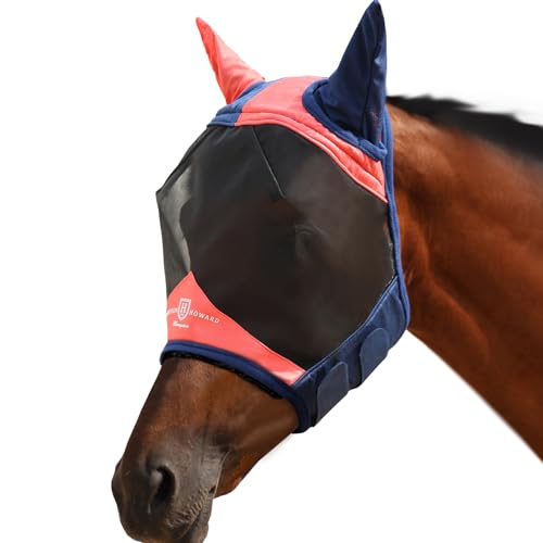 Pro Luminous Horse Fly Mask Standard with Ears UV Protection for Horse Coral Orange (Coral Orange/Navy / X-Large (Warmblood))