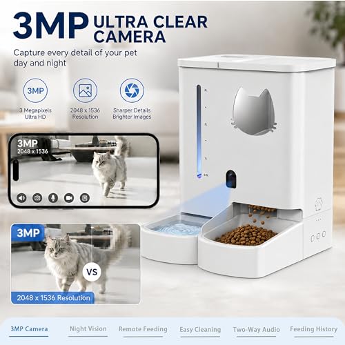 Automatic Cat&Dog Feeder and Waterer with Camera (Crisp White Cam)