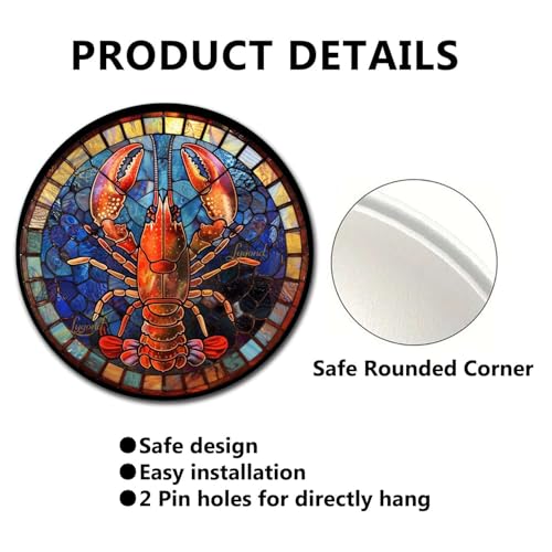 Metal Sign Tin Sign Circular Stained Glass Lobster Gardening Poster for Club 8×8 Inches (8×8 Inches / Lobster)