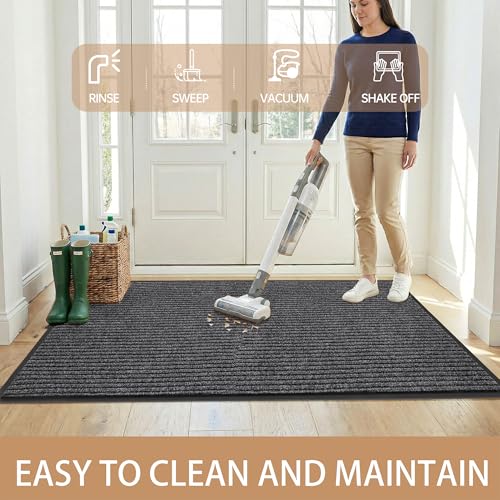 Durable Front Door Mat (3' x 5' (Rectangular) / Dark Grey Striped)