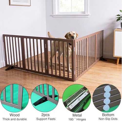 Freestanding Indoor Dog Gate for House Foldable Wood Puppy Gate for Doorways Pet Gate for Stairs Extra Wide Pet Fence (Brown / 【6 Panels】120''w x 32''h)