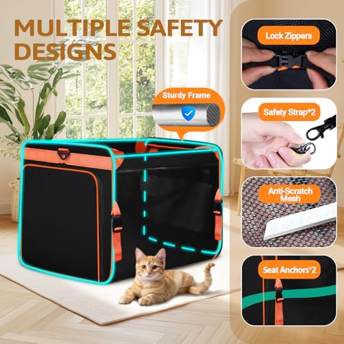 Side Expandable Extra Large Cat Carrier with Litter Box and Wheels (Black with Wheels)