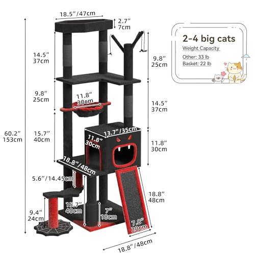 Gothic Cat Tree with Coffin Bed (Black and Red / 60inch)