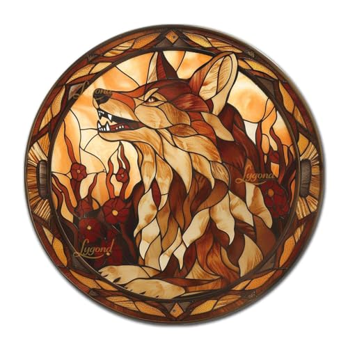 Metal Sign Tin Sign Circular Stained Glass Coyote Bar Signs for Home Decor for Club 12×12 Inches (12×12 Inches / Coyote-1)