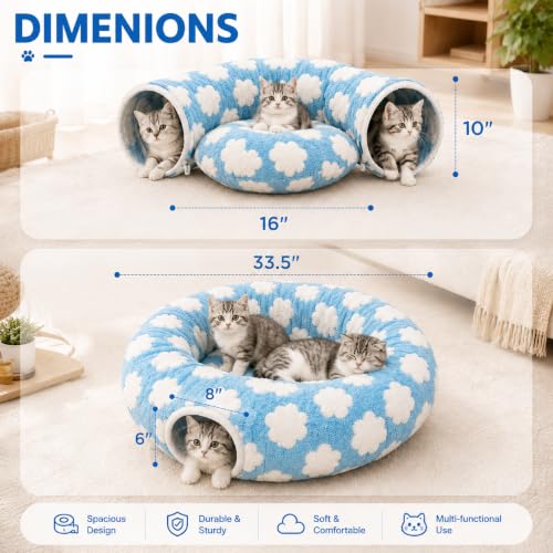 Cat Tunnel Bed with Washable Cushion for Indoor Cat (Blue)