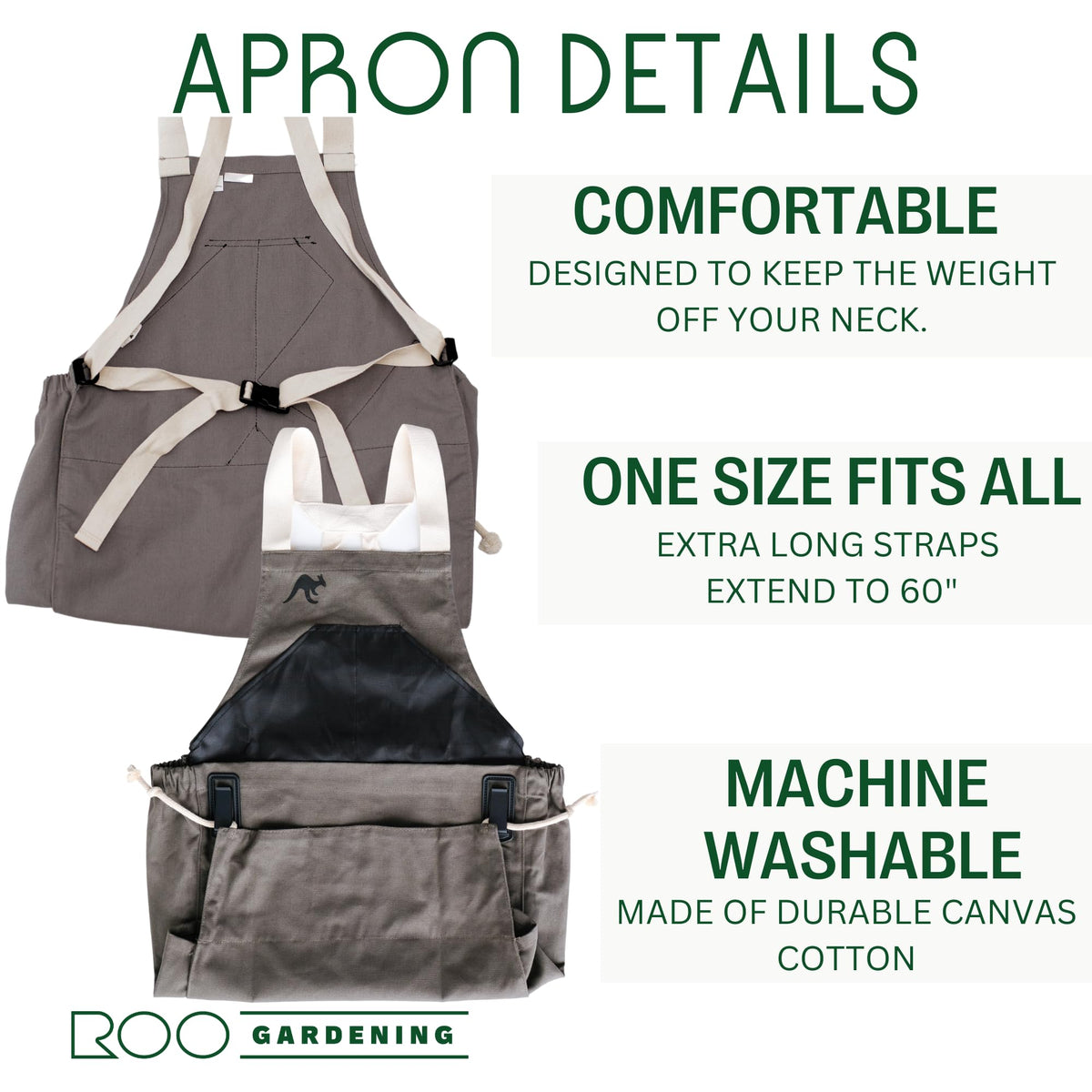Roo Gardening Apron with Pockets for Women & Men (Roo-full Size / Taupe Grey)
