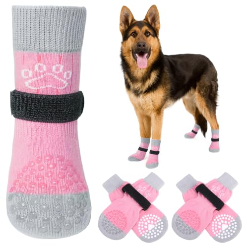 Anti Slip Dog Socks to Prevent Licking Paws for Hardwood Floors (Pearl Paw-Pink / X-Large (4 Count))