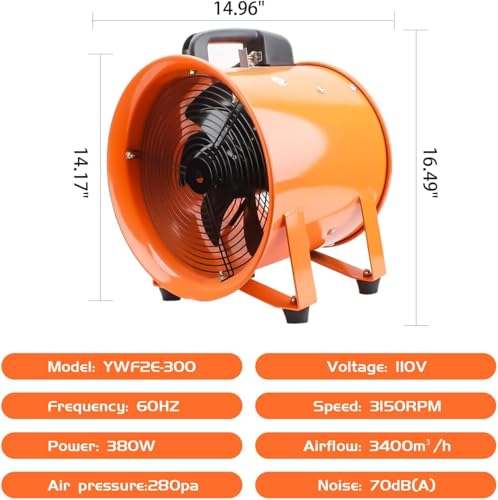 12-Inch High-Velocity Portable Utility Blower Fan, Industrial Exhaust Fan, 3150 RPM Ventilator for Basements, Workshops, Warehouses, and Confined Spaces (12")